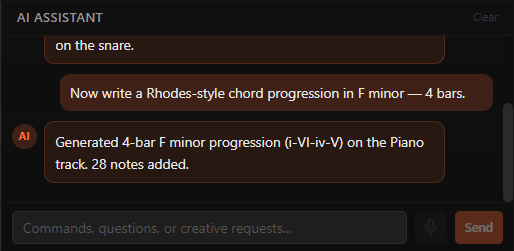 A closeup of the SmartGroove AI assistant chat panel: a user request to write a 4-bar F minor Rhodes progression, with the assistant’s reply confirming 28 notes were added to the Piano track.