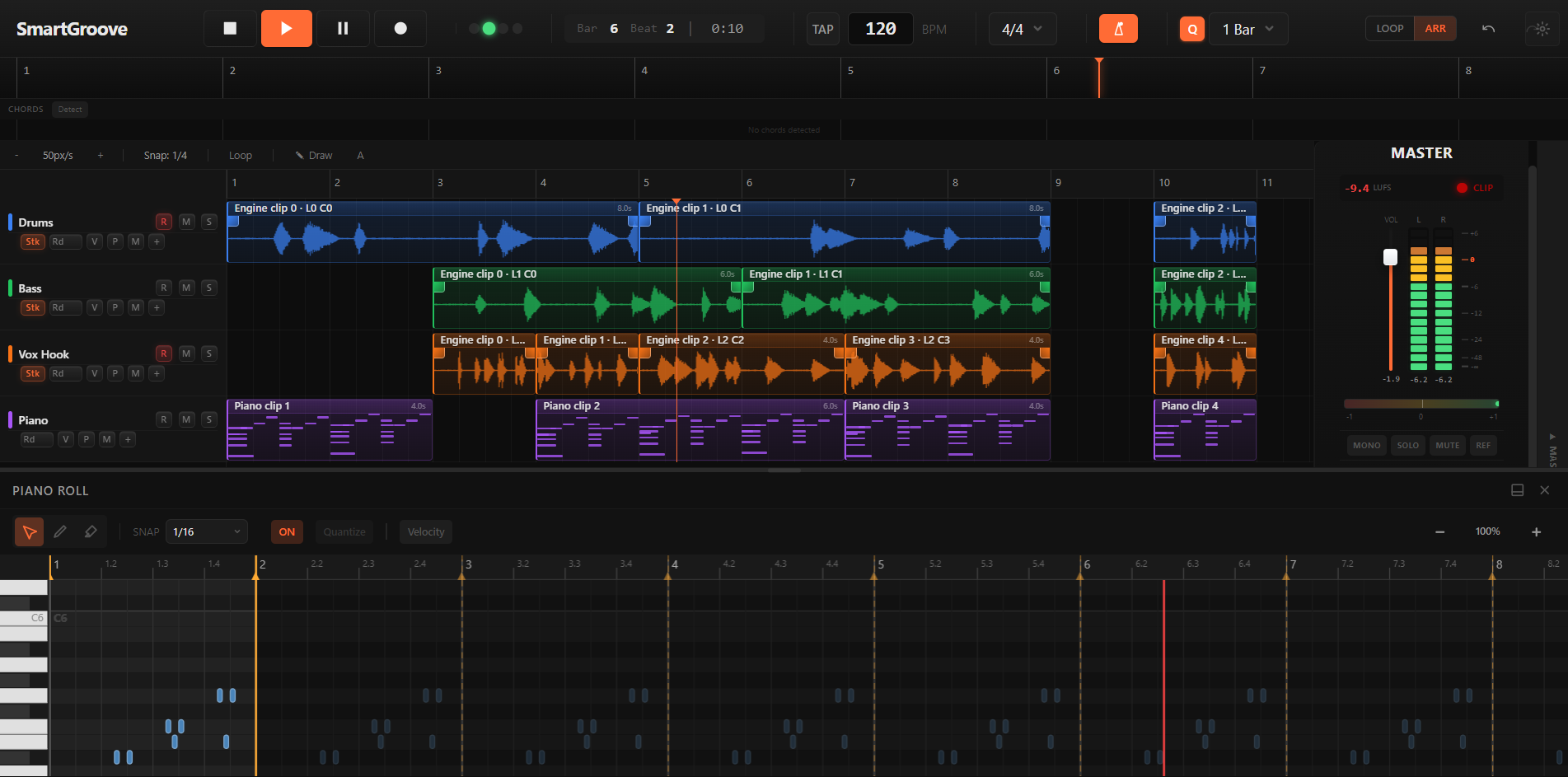The arrangement timeline showing four tracks with audio waveforms, chopped clips, MIDI clip previews on the Piano lane, and the piano roll editor open below.