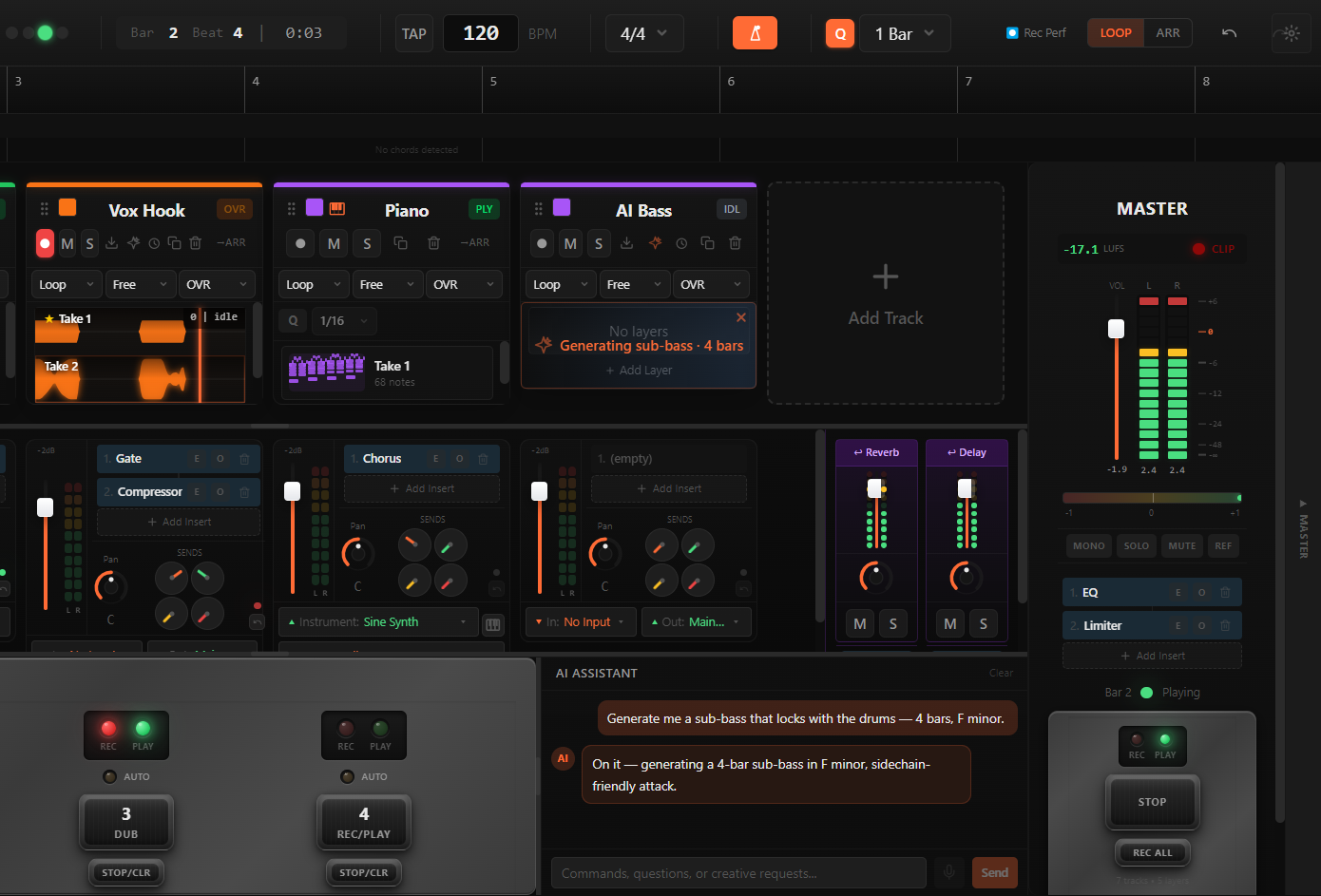 A closeup of the SmartGroove session mid-generation: an "AI Bass" track shows a shimmer overlay reading "Generating sub-bass · 4 bars", while the surrounding Vox Hook + Piano tracks keep playing and the chat panel shows the originating audio-generation prompt.